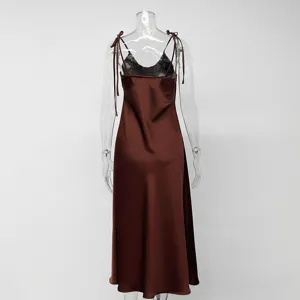 Élégante robe nuisette en satin marron, tenue d'été, robe mi-longue à bretelles spaghetti pour femmes