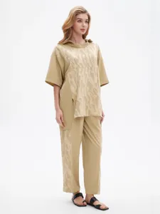 Ensemble de pantalon a manches courtes jacquard decontracte ete automne pour femme