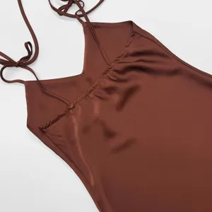Robe nuisette en satin marron femmes été sexy dos nu bretelles spaghetti élégante