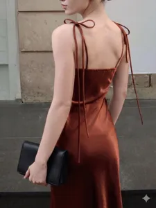 Vue détaillée du dos de la robe nuisette en satin élégante avec bretelles délicates et texture.