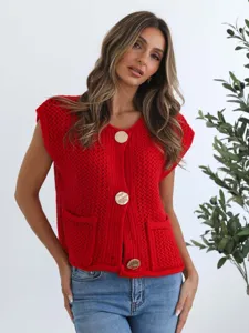 Women Casual Solid Color Sleeveless Knit Cardigan Vest Single Breasted Button Front Pocket Polyester Sweater Top