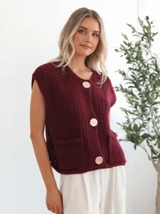 Chic women's sleeveless knit cardigan vest with buttons and pockets in rich burgundy.