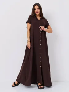 Elegantes Damen einfarbiges Maxi Hemdblusenkleid Freizeit Sommerkleid elegant Stil neu