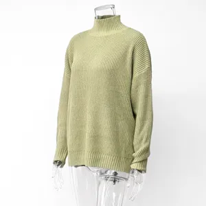 Detailed view of the women's high-neck loose knitted sweater, featuring cozy texture and long sleeves.