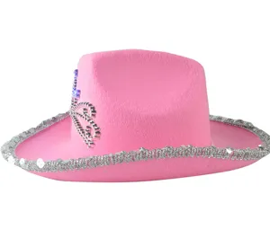Roze westerse cowboyhoed met zilveren paillettenrand en strass tiara voor dames feestkleding