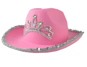 Roze western cowboyhoed met strass kroon en pailletten rand voor dames feest kostuum