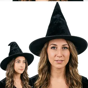 Black velvet witch hat for Halloween costume cosplay party wizard hat dress up accessory.