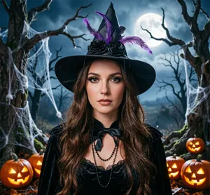 Primo piano dettagliato del cappello da strega nero con piume viola, rose e perle per Halloween.