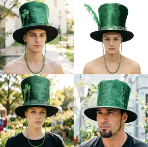 Groene fluwelen hoge hoed met klaverblad en groene kralen voor Sint Patricksdag feest.