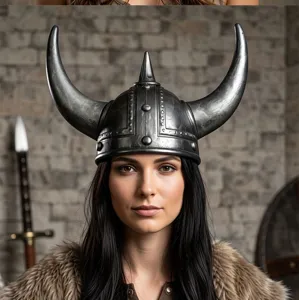 Viking gehoornde helm gedetailleerd overzicht, krijger kostuum hoofdtooi voor Halloween feest en cosplay.