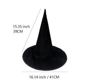 Zwarte fluwelen heksenhoed voor Halloween feestkostuum, hoogte 39cm en breedte 41cm gedetailleerd.