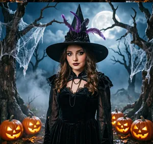 Cappello da strega nero con rose e piume viola per feste in costume di Halloween gotico.