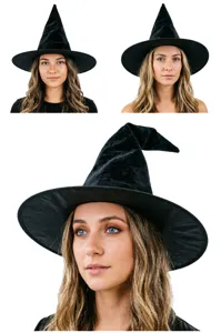 Gedetailleerd overzicht van zwarte fluwelen heksenhoed voor Halloween feestjes, klassiek accessoire.