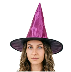 Gedetailleerd overzicht van de paarse fluwelen heksenhoed, ideaal voor Halloween kostuums.