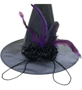 Cappello da strega nero con piume viola rose nere e perline per festa cosplay costume accessorio
