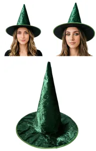 Groene fluwelen heksenhoed detail met zachte textuur en klassiek tovenaar ontwerp voor feestje.