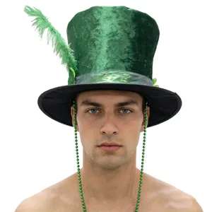 Groene fluwelen hoge hoed met veer voor St Patricks Day feest kostuum accessoire