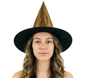 Gedetailleerd overzicht van de Halloween heksenhoed met bruine fluwelen kegel en brede rand.