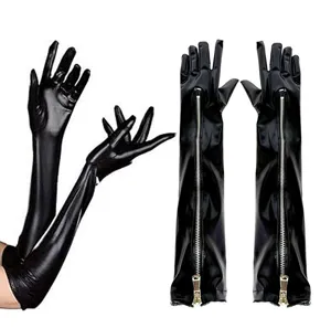 Lange zwarte lakleren handschoenen met rits voor podiumoptredens en feestelijk cosplay.