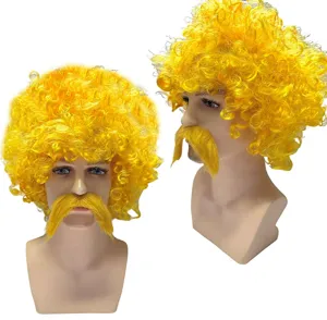 Set perruque afro et moustache jaune vif, idéal pour costume de fête, cosplay de clown et événements.