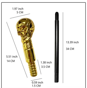 Manico per bastone teschio dorato con asta nera, specifiche di dimensione dettagliate.