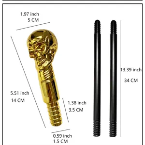 Set manico per bastone teschio dorato e aste filettate nere con dimensioni dettagliate per oggetti.