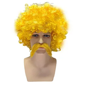 Perruque afro jaune et détail de moustache, accessoire amusant de fête et de carnaval.