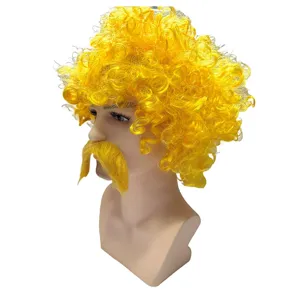 Perruque afro jaune vif et ensemble de moustache pour fêtes, carnaval et costumes déguisés.