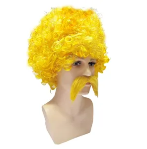 Ensemble perruque afro jaune et moustache pour costume de fête, accessoire de fan de carnaval.