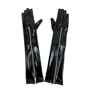 Zwarte lakleren lange handschoenen met rits voor feest en toneelkostuum optredens van leer