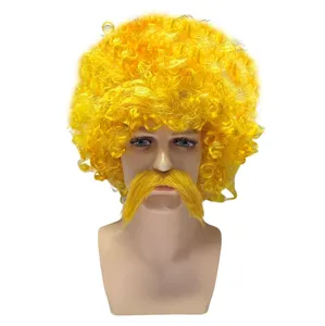 Gros plan de perruque afro jaune vif et moustache, parfait pour fêtes et événements.
