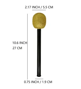 Detailansicht des Plastik Glitzer Fake Mikrofon Spielzeugs mit exakten Maßen und Abmessungen.