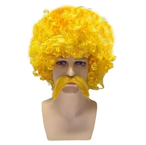 Vue detaillee perruque afro jaune et moustache, ideale pour festivals et fetes costumees.
