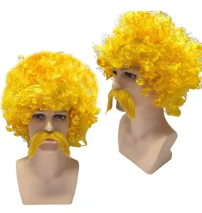 Ensemble perruque afro bouclée jaune vif et moustache, idéal pour les fêtes et événements.