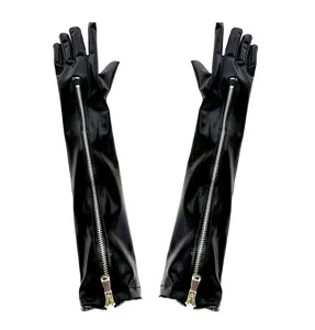 Lange zwarte laklederen handschoenen met rits voor podiumoptredens, cosplay en feestjes.