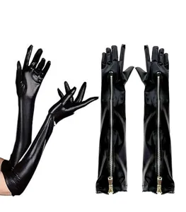 Lange zwarte lakleer handschoenen met rits voor toneelvoorstellingen en cosplay feesten.