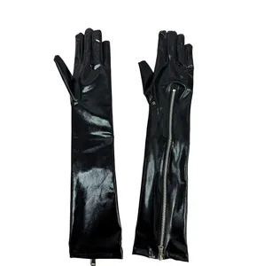 Zwarte lakleren lange handschoenen met rits, sexy podiumoptreden kostuum accessoire voor vrouwen.