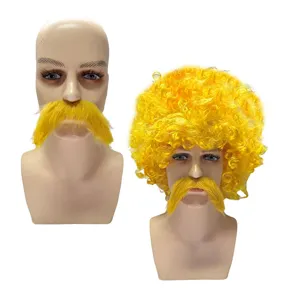 Ensemble perruque afro jaune et moustache pour fête, carnaval, supporters et déguisement.