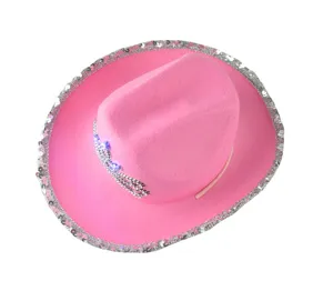 Gedetailleerd overzicht van de roze cowboyhoed met zilveren pailletten en lichtende kroon.