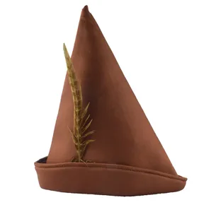 Brown vintage pointed wizard hat with feather for Halloween costume party and cosplay performance.