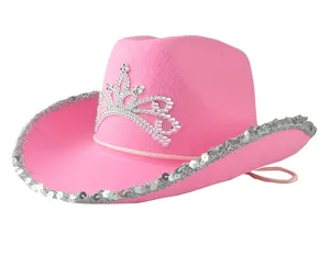 Roze westerse cowboyhoed met zilveren pailletten en strass kroon voor dames feestkleding.