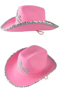 Roze western cowboy hoed detail met glinsterende zilveren pailletten rand en kroon.