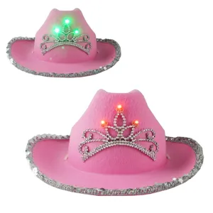 Roze Cowgirl Hoed Met Strass Kroon LED Lichtgevende Western Cowboy Hoed Lovertjes Trim Veren Rand Party Kostuum Hoofddeksel Accessoires