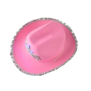 Roze western cowboyhoed met zilveren pailletten en strass kroon voor dames feestje.