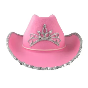 Roze western cowboyhoed met strass kroon en pailletten rand voor damesfeest