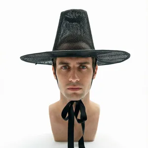 Schwarzer Netz traditioneller koreanischer Hut, Gothic Kostüm Cosplay Kopfbedeckung für Herren.