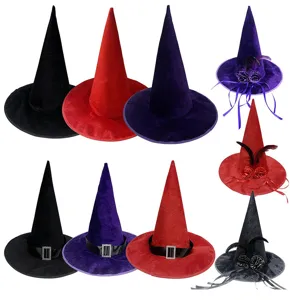 Halloween Hexenhut Samt Kostüm Party Hut mit Feder und Schnalle für Damen und Mädchen