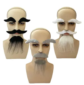 Fake mustache and beard set for party cosplay costumes, realistic facial hair props in three colors.