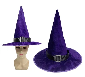 Purple velvet witch hat detail, featuring a black ribbon band and sparkling rhinestone buckle.