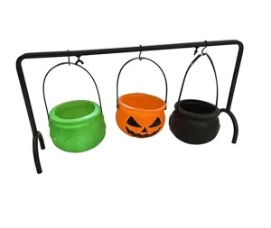 Halloween witch cauldrons set with metal rack, small black, green and pumpkin candy buckets.